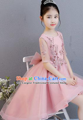 Top Grade Catwalks Pink Short Full Dress Children Birthday Costume Stage Show Girls Compere Lace Dress