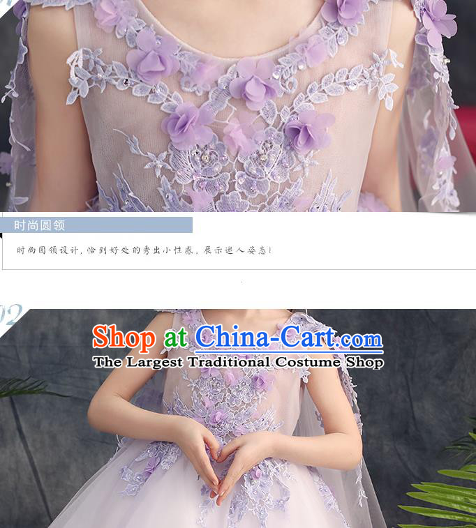 Top Grade Catwalks Purple Flowers Full Dress Children Birthday Costume Stage Show Girls Compere White Veil Short Dress