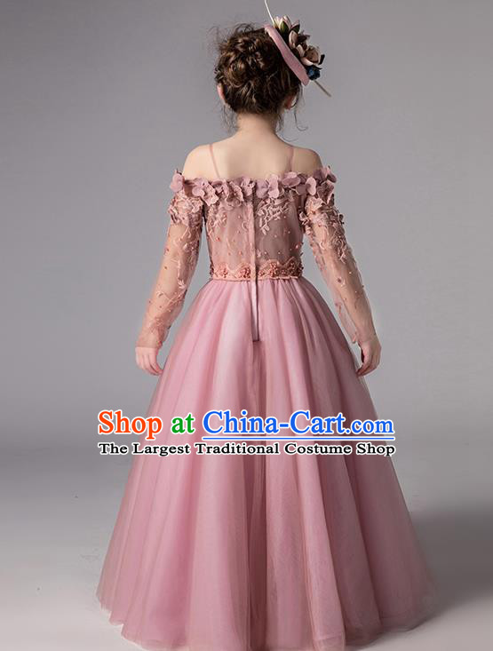 Top Grade Catwalks Off Shoulder Full Dress Children Birthday Costume Stage Show Girls Compere Deep Pink Veil Dress