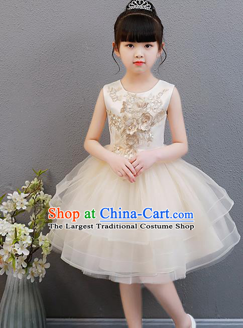 Top Grade Catwalks Beige Veil Full Dress Children Birthday Costume Stage Show Girls Compere Embroidered Flowers Dress