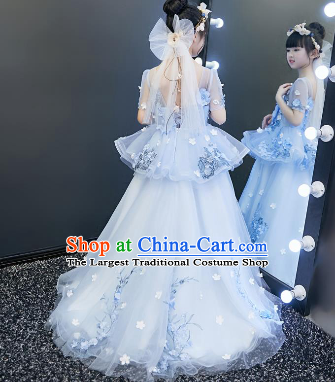 Top Grade Catwalks Flowers Full Dress Children Birthday Costume Stage Show Girls Compere Light Blue Veil Trailing Dress