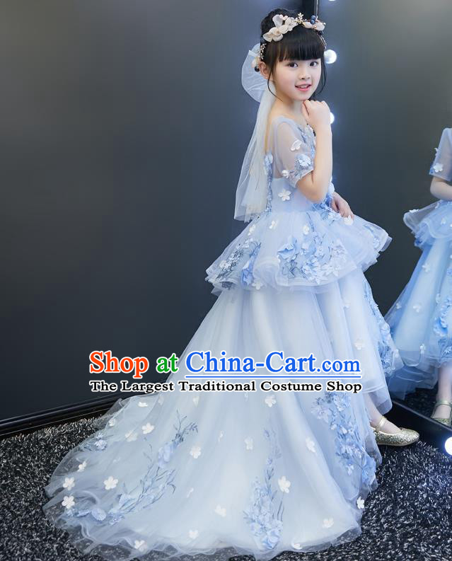 Top Grade Catwalks Flowers Full Dress Children Birthday Costume Stage Show Girls Compere Light Blue Veil Trailing Dress