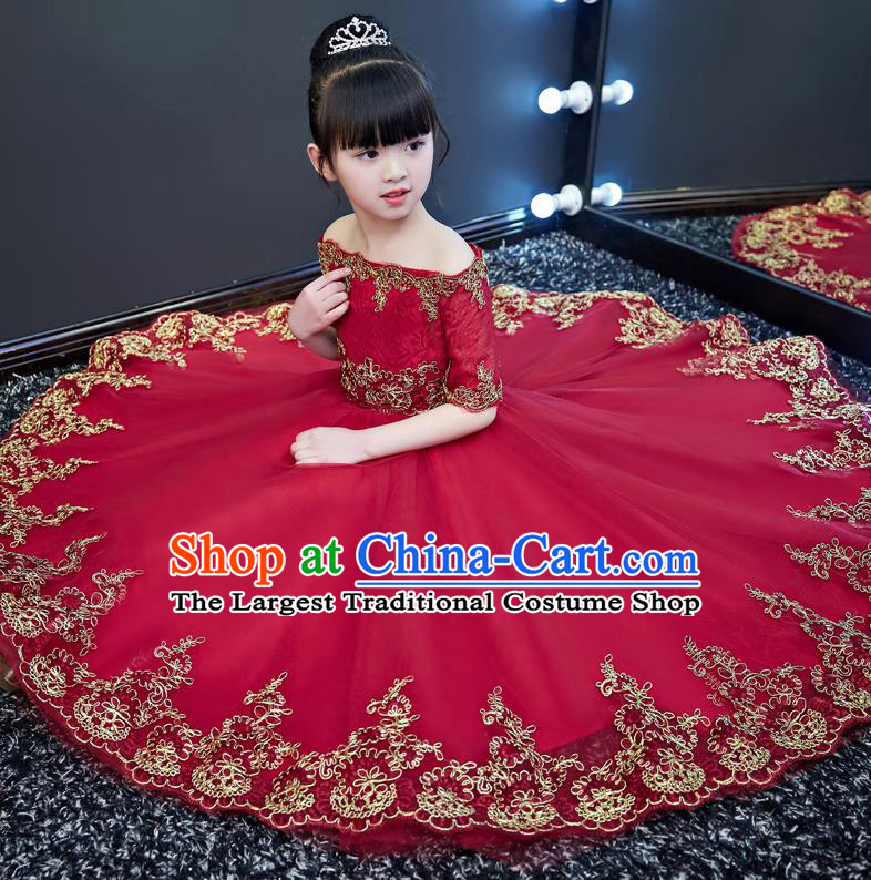 Top Grade Catwalks Wine Red Lace Full Dress Children Birthday Costume Stage Show Girls Compere Off Shoulder Dress