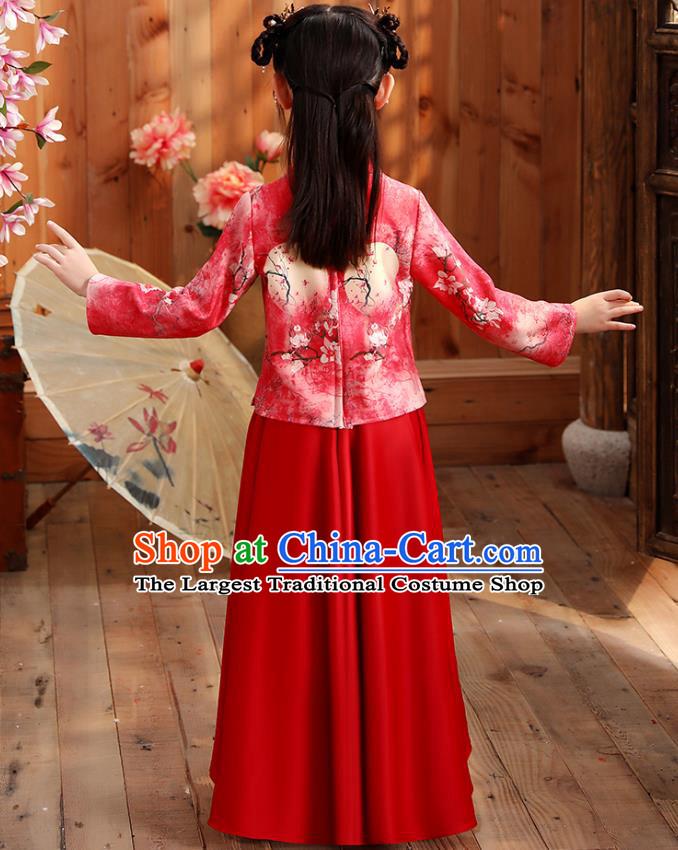 Chinese Traditional Tang Suit Red Qipao Blouse and Skirt Girl Costumes Stage Show Cheongsam Dress Apparels for Kids