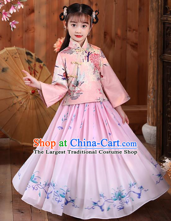 Chinese Traditional Tang Suit Printing Pink Blouse and Skirt Girl Costumes Stage Show Cheongsam Qipao Dress Apparels for Kids