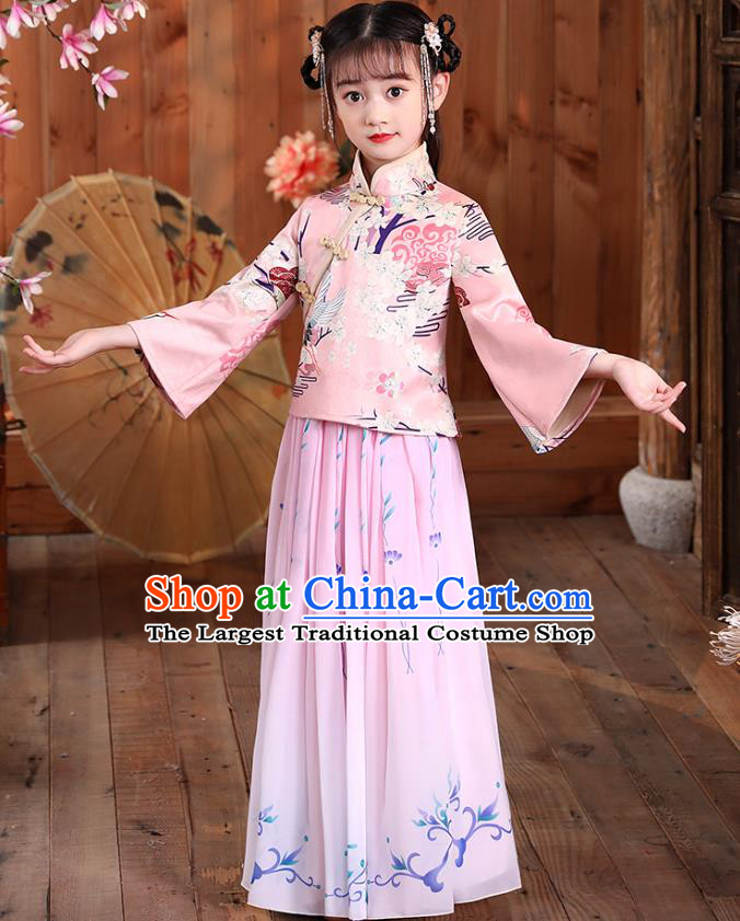Chinese Traditional Tang Suit Printing Pink Blouse and Skirt Girl Costumes Stage Show Cheongsam Qipao Dress Apparels for Kids