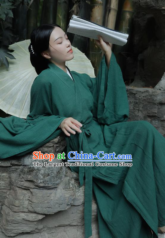Chinese Traditional Ancient Female Swordsman Garment Jin Dynasty Palace Lady Green Flax Hanfu Dress Costumes