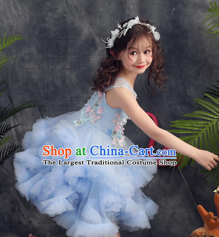 Top Grade Catwalks Flowers Fairy Blue Veil Full Dress Children Birthday Costume Stage Show Girls Compere Short Bubble Dress