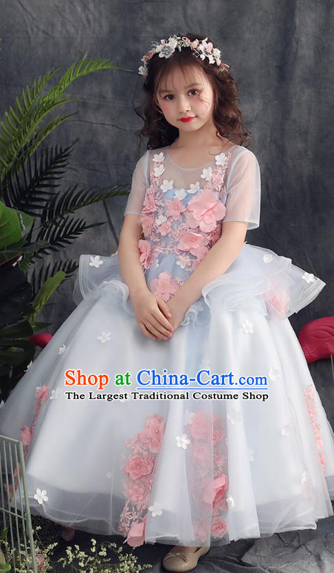 Top Grade Catwalks Flowers Fairy White Veil Full Dress Children Birthday Costume Stage Show Girls Compere Long Dress