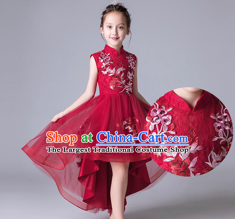 Top Grade Catwalks Wine Red Lace Full Dress Children Birthday Costume Stage Show Girls Compere Bubble Dress