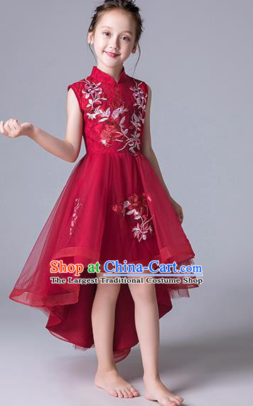 Top Grade Catwalks Wine Red Lace Full Dress Children Birthday Costume Stage Show Girls Compere Bubble Dress
