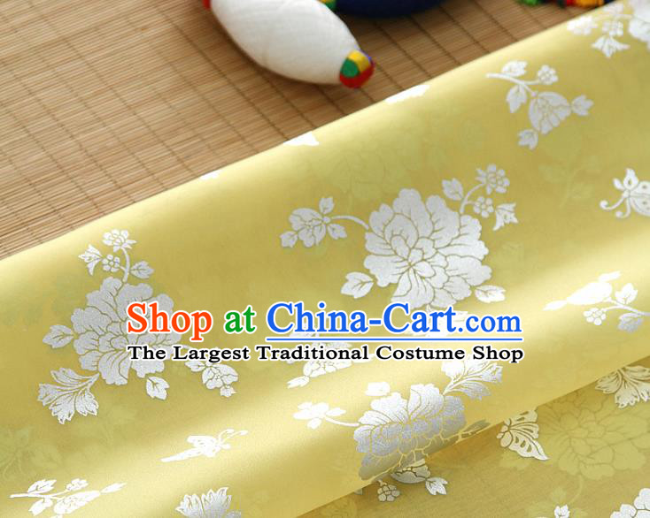 Asian Korea Classical Peony Pattern Light Yellow Silk Fabric Korean Traditional Fashion Drapery Hanbok Material