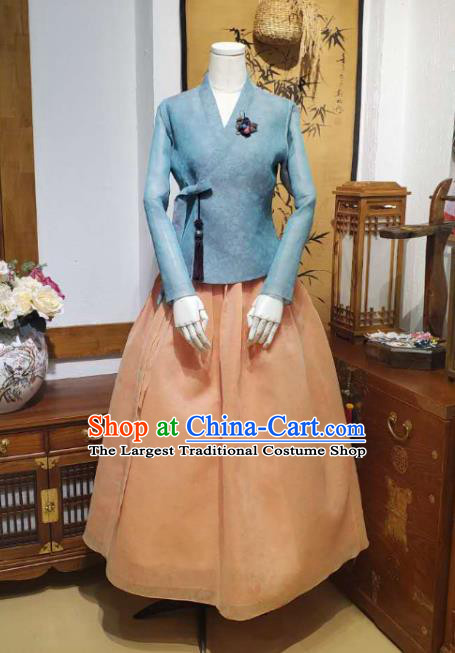 Korean Women Traditional Blue Blouse and Apricot Dress Asian Korea National Fashion Costumes Hanbok Informal Apparels