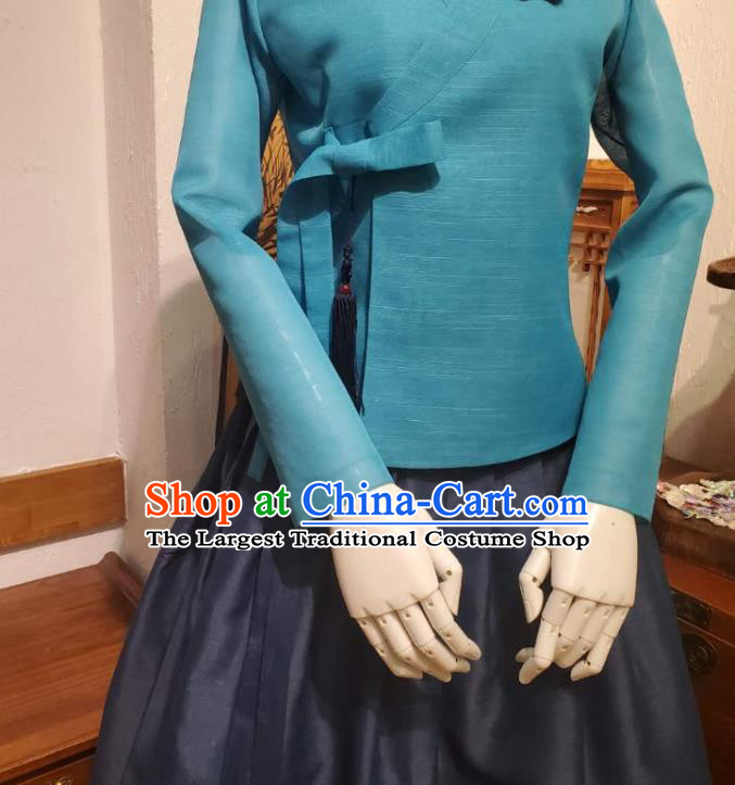 Korean Traditional Blue Blouse and Navy Dress Asian Korea National Fashion Costumes Hanbok Women Informal Apparels