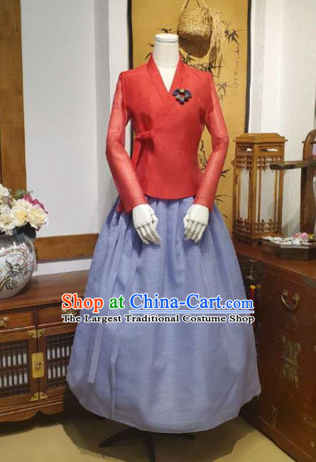 Korean Mother Traditional Red Blouse and Violet Dress Asian Korea National Fashion Costumes Hanbok Women Informal Apparels