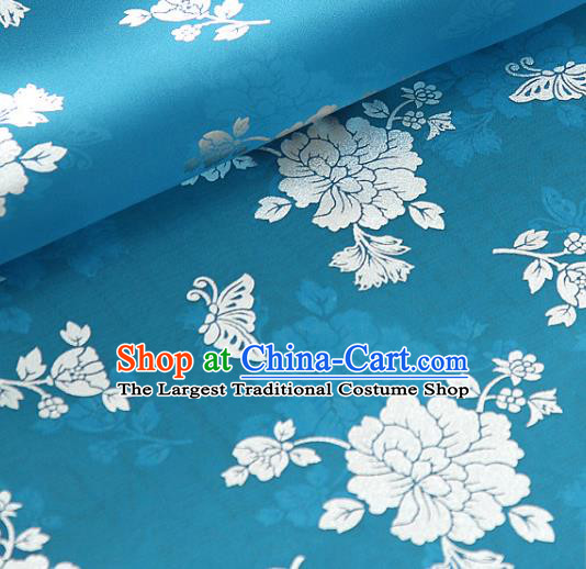 Asian Korea Classical Peony Pattern Lake Blue Silk Fabric Korean Traditional Fashion Drapery Hanbok Material