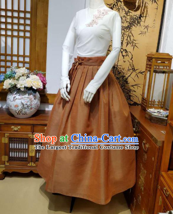 Korean Traditional Dance Blouse and Ginger Satin Skirt Asian Korea National Fashion Costumes Women Hanbok Apparels
