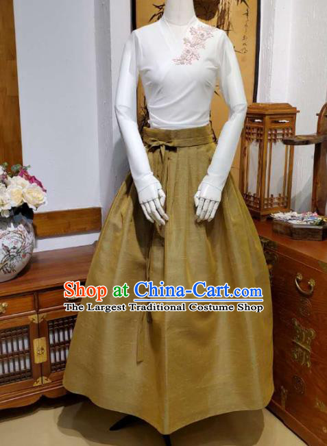 Korean Traditional Dance Blouse and Olive Green Skirt Asian Korea National Fashion Costumes Women Hanbok Apparels