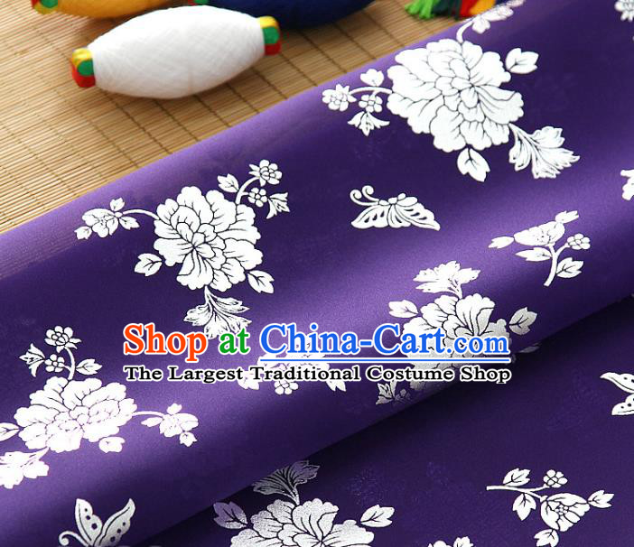 Asian Korea Classical Peony Pattern Deep Purple Silk Fabric Korean Traditional Fashion Drapery Hanbok Material