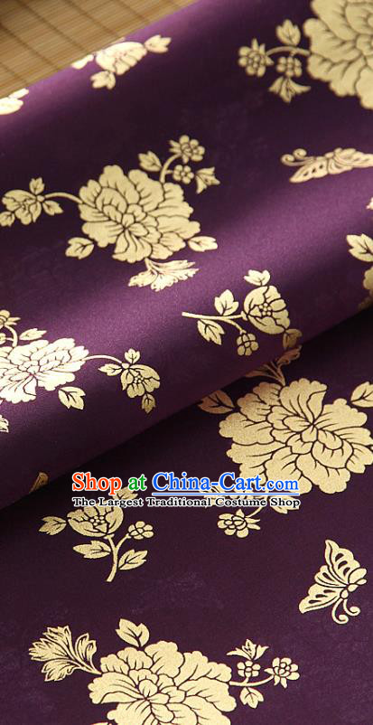 Asian Korea Classical Golden Peony Pattern Deep Purple Silk Fabric Korean Traditional Fashion Drapery Hanbok Material