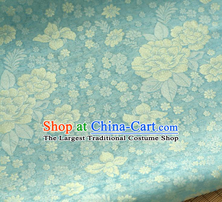 Asian Korea Classical Peony Flowers Pattern Green Silk Fabric Korean Fashion Drapery Traditional Hanbok Material
