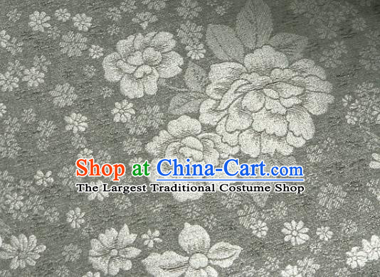 Asian Korea Classical Peony Flowers Pattern Deep Grey Silk Fabric Korean Fashion Drapery Traditional Hanbok Material