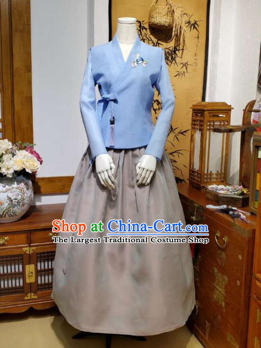 Korean Traditional Female Blue Blouse and Grey Bust Skirt Asian Korea National Fashion Costumes Women Hanbok Apparels