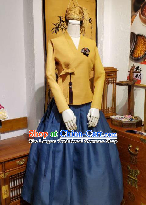 Korean Traditional Female Ginger Blouse and Navy Bust Skirt Asian Korea National Fashion Costumes Women Hanbok Apparels