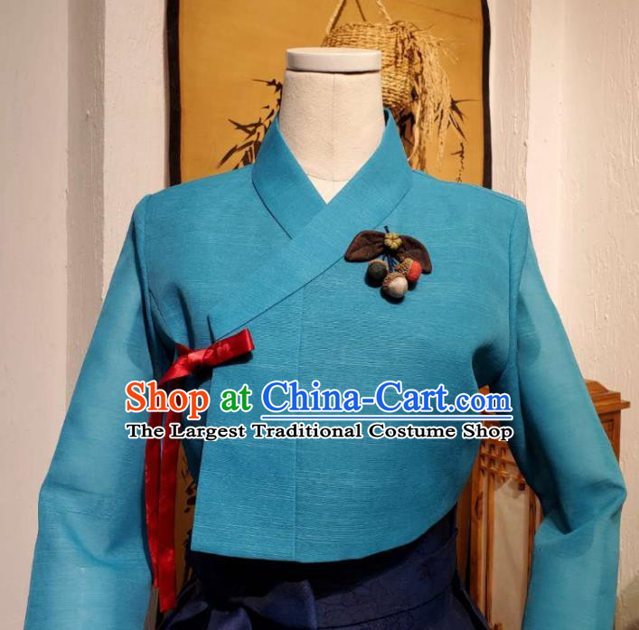 Korean Traditional Blue Top Blouse and Deep Blue Dress Asian Korea National Fashion Costumes Women Hanbok Informal Apparels