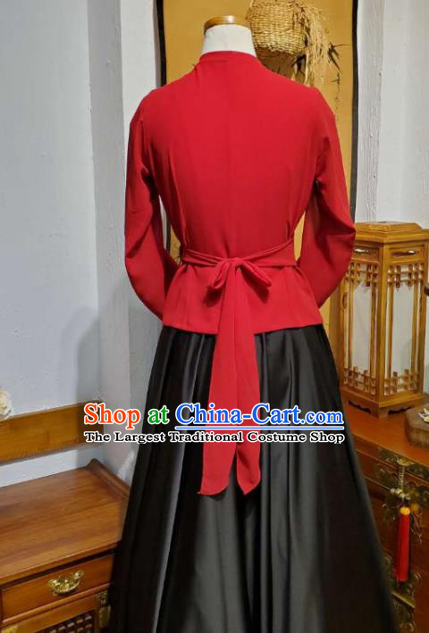 Korean Traditional Dance Training Red Veil Blouse and Black Satin Skirt Asian Women Hanbok Informal Apparels Korea Fashion Costumes