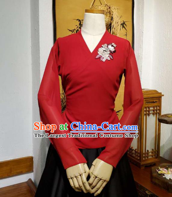 Korean Traditional Dance Training Red Veil Blouse and Black Satin Skirt Asian Women Hanbok Informal Apparels Korea Fashion Costumes