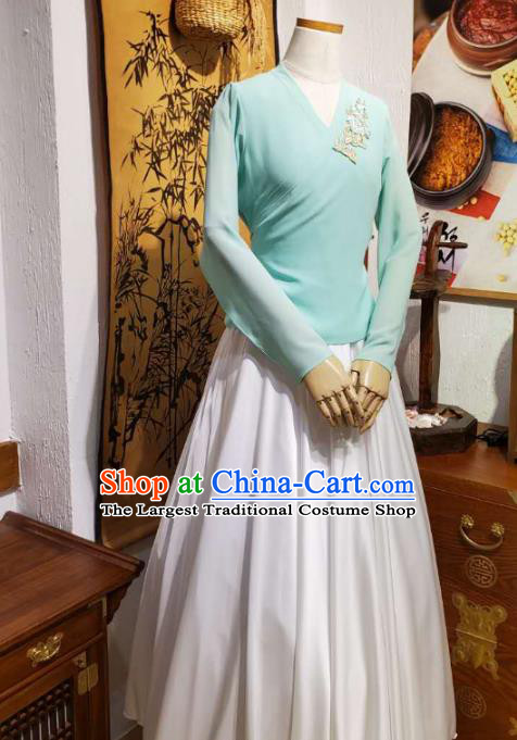 Korean Traditional Dance Training Light Blue Veil Blouse and White Satin Skirt Asian Women Hanbok Informal Apparels Korea Fashion Costumes