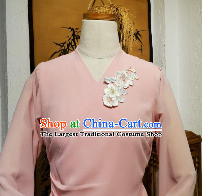 Korean Traditional Dance Training Pink Veil Blouse and Deep Green Satin Skirt Asian Women Hanbok Informal Apparels Korea Fashion Costumes