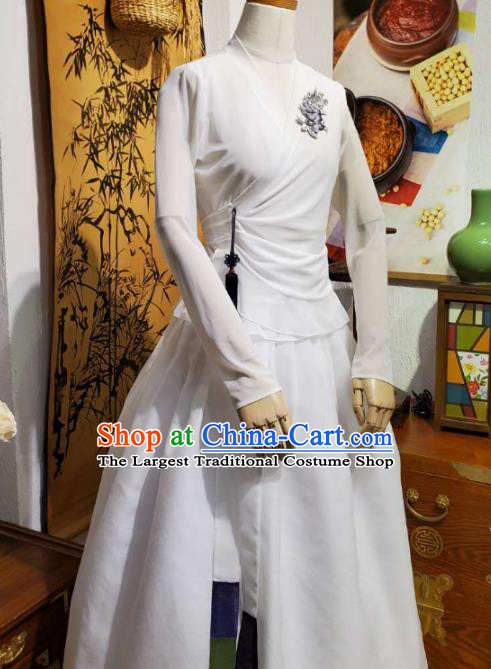 Korean Dance Training White Veil Blouse and Skirt Asian Women Hanbok Informal Apparels Korea Fashion Traditional Costumes