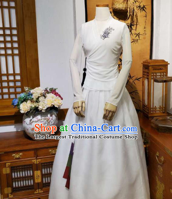 Korean Dance Training White Veil Blouse and Skirt Asian Women Hanbok Informal Apparels Korea Fashion Traditional Costumes