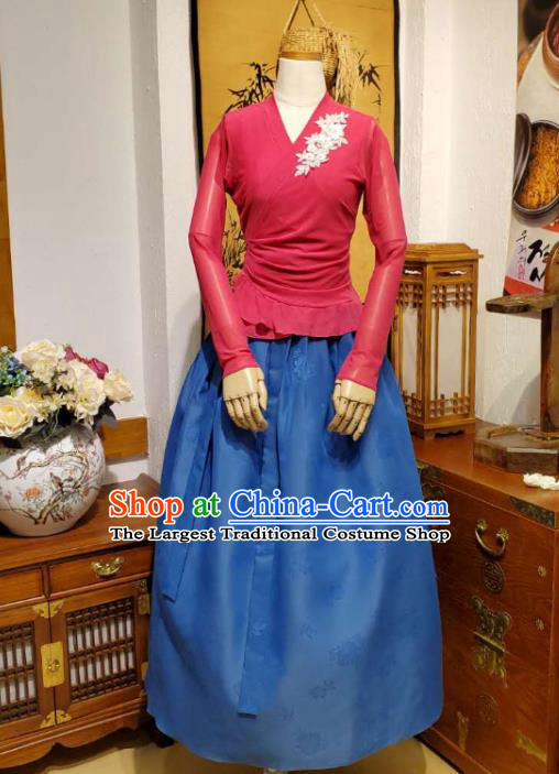 Korean Dance Training Rosy Veil Blouse and Deep Blue Skirt Asian Women Hanbok Informal Apparels Korea Fashion Traditional Costumes