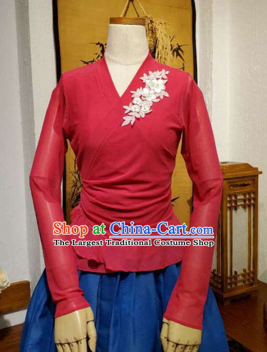 Korean Dance Training Rosy Veil Blouse and Deep Blue Skirt Asian Women Hanbok Informal Apparels Korea Fashion Traditional Costumes