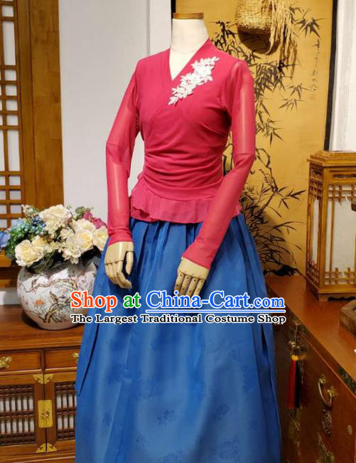 Korean Dance Training Rosy Veil Blouse and Deep Blue Skirt Asian Women Hanbok Informal Apparels Korea Fashion Traditional Costumes