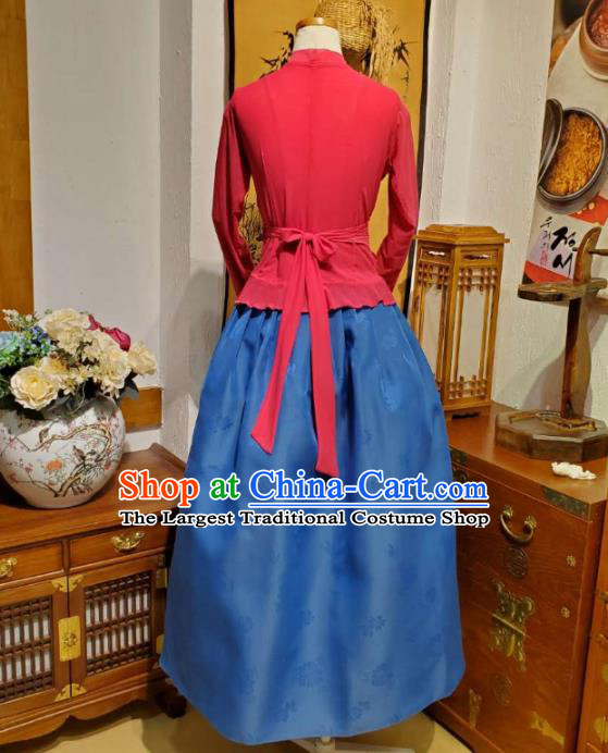 Korean Dance Training Rosy Veil Blouse and Deep Blue Skirt Asian Women Hanbok Informal Apparels Korea Fashion Traditional Costumes