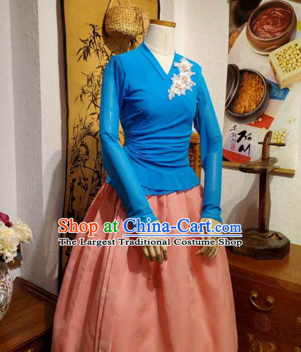 Korean Dance Training Blue Veil Blouse and Pink Skirt Asian Women Hanbok Informal Apparels Korea Fashion Traditional Costumes