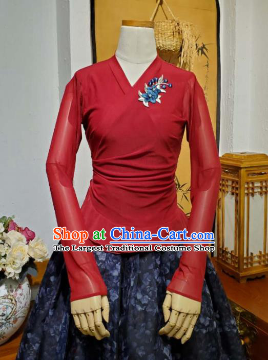 Korean Dance Training Dark Red Veil Blouse and Navy Skirt Asian Women Hanbok Informal Apparels Korea Fashion Traditional Costumes
