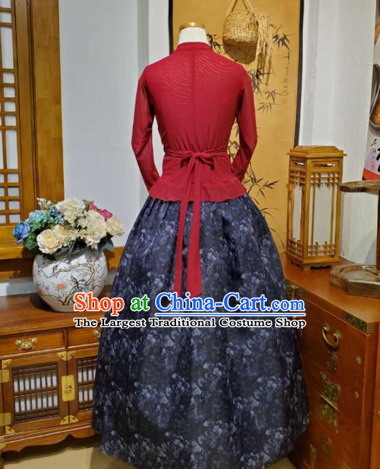 Korean Dance Training Dark Red Veil Blouse and Navy Skirt Asian Women Hanbok Informal Apparels Korea Fashion Traditional Costumes