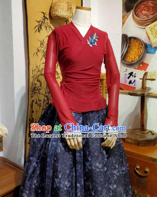 Korean Dance Training Dark Red Veil Blouse and Navy Skirt Asian Women Hanbok Informal Apparels Korea Fashion Traditional Costumes