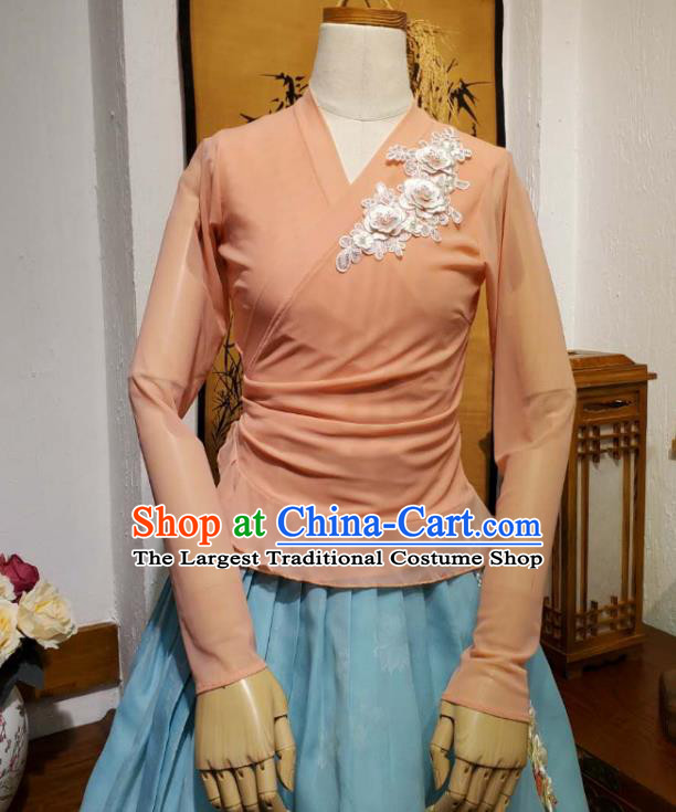 Korean Dance Training Pink Veil Blouse and Light Blue Skirt Asian Women Hanbok Informal Apparels Korea Fashion Traditional Costumes