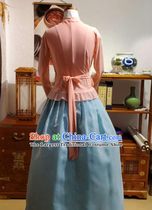 Korean Dance Training Pink Veil Blouse and Light Blue Skirt Asian Women Hanbok Informal Apparels Korea Fashion Traditional Costumes