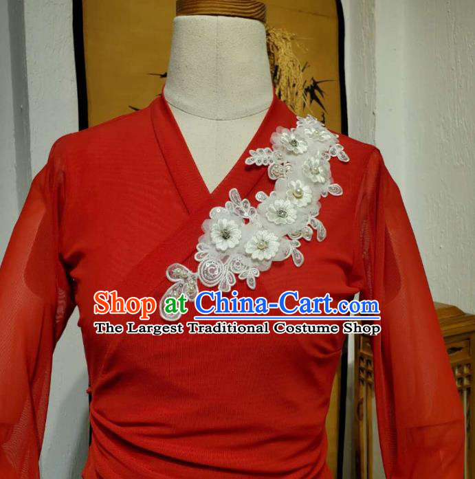 Korean Dance Training Red Veil Blouse and Printing Black Skirt Asian Women Hanbok Informal Apparels Korea Fashion Traditional Costumes