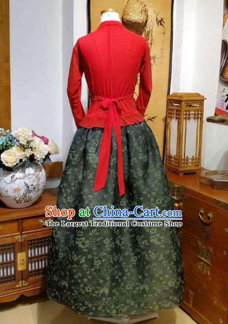 Korean Dance Training Red Veil Blouse and Printing Black Skirt Asian Women Hanbok Informal Apparels Korea Fashion Traditional Costumes