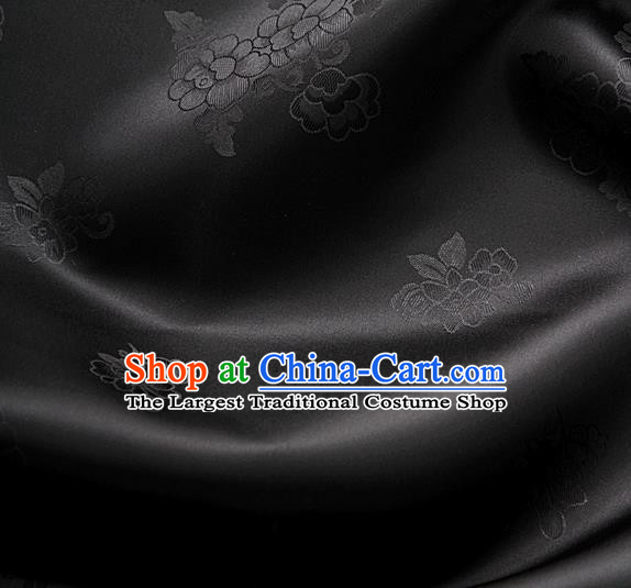 Traditional Korean Classical Roses Pattern Black Satin Drapery Hanbok Material Asian Korea Fashion Silk Fabric