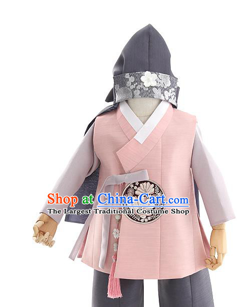 Asian Korea Kids Embroidered Pink Vest Shirt and Pants Dress Korean Boys Birthday Fashion Traditional Hanbok Apparels Costumes