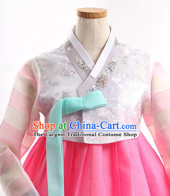 Korean Traditional Wedding Grey Lace Blouse and Rosy Dress Korea Fashion Bride Costumes Hanbok Apparels for Women